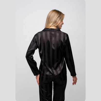 Black Stripe Soft Satin Long Sleeve Night Suit Women's Silk Sleepwear Pyjama Set - ScentiMelti Home Fragrance, Beauty & Gifts UK