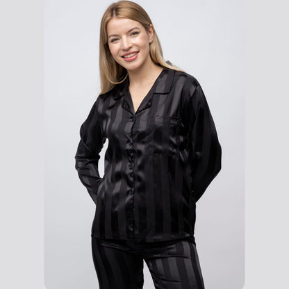 Green Stripe Soft Satin Long Sleeve Night Suit Women's Silk Sleepwear Pyjama Set - ScentiMelti Home Fragrance, Beauty & Gifts UK