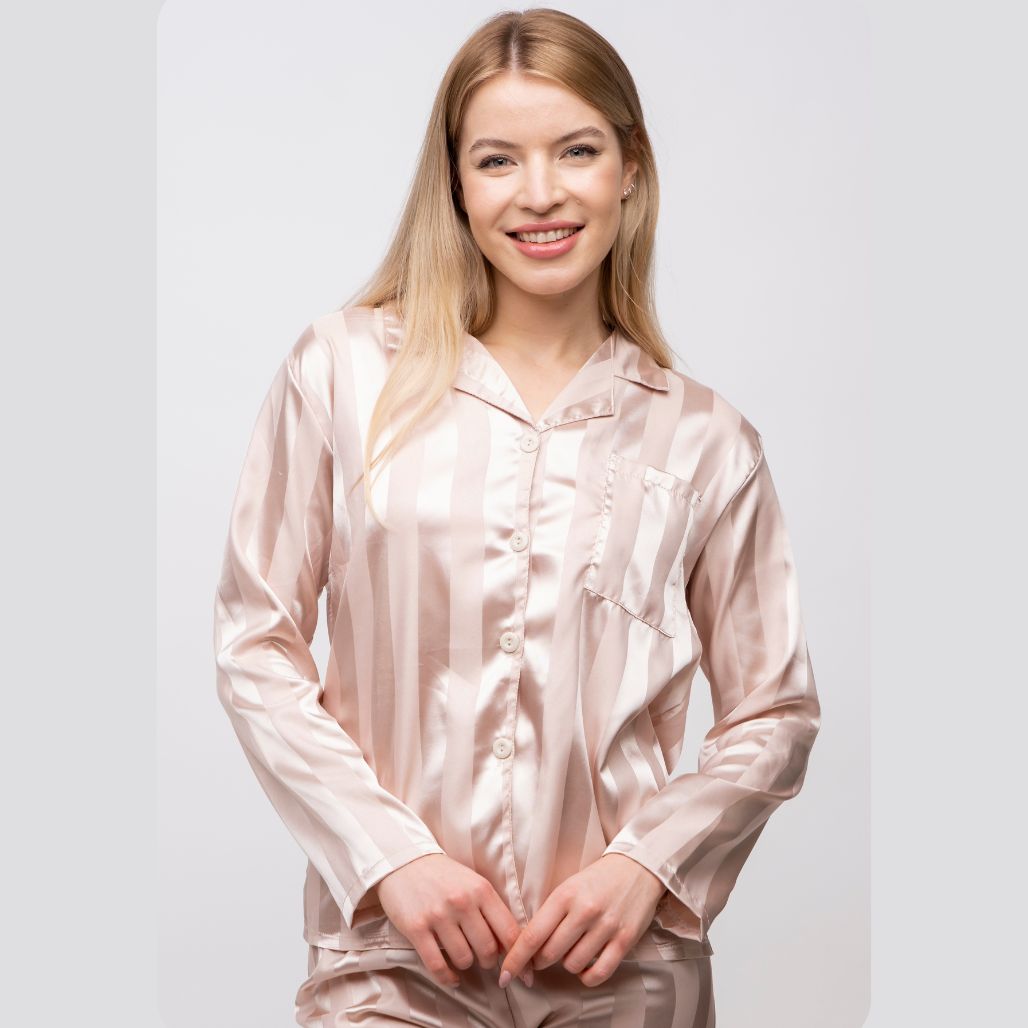 Green Stripe Soft Satin Long Sleeve Night Suit Women's Silk Sleepwear Pyjama Set - ScentiMelti Home Fragrance, Beauty & Gifts UK