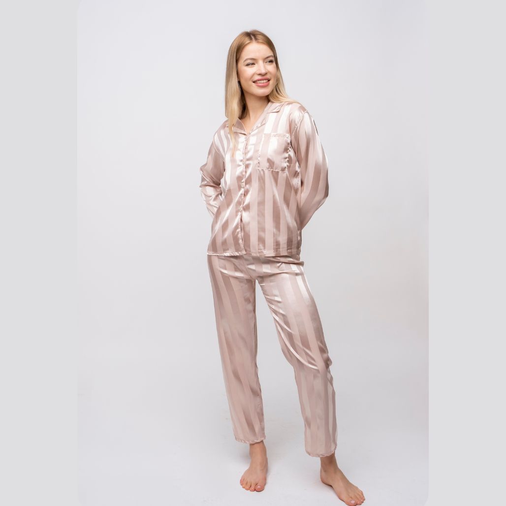 Black Stripe Soft Satin Long Sleeve Night Suit Women's Silk Sleepwear Pyjama Set - ScentiMelti Home Fragrance, Beauty & Gifts UK