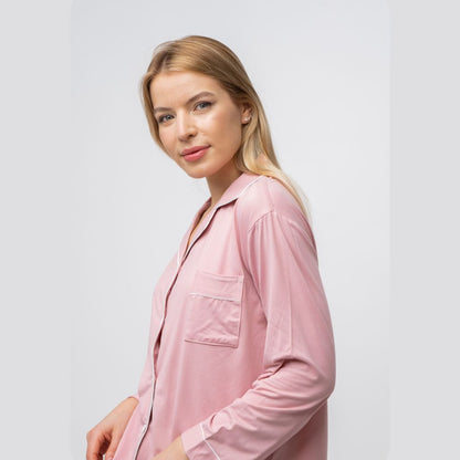 Pink Plain Soft Cotton Long Sleeve Night Suit Women's Silk Sleepwear Pyjama Set - ScentiMelti Home Fragrance, Beauty & Gifts UK