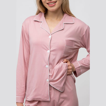 Pink Plain Soft Cotton Long Sleeve Night Suit Women's Silk Sleepwear Pyjama Set - ScentiMelti Home Fragrance, Beauty & Gifts UK