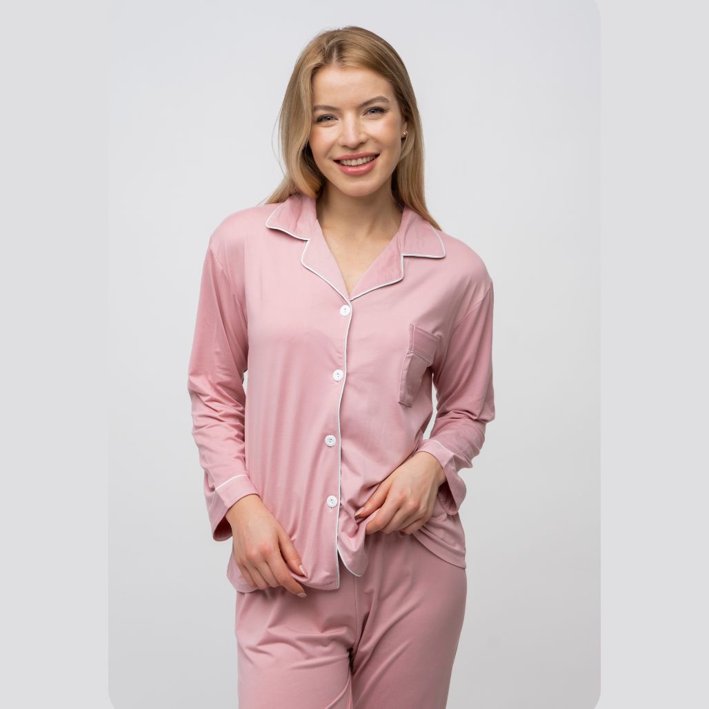 Mauve Plain Soft Cotton Long Sleeve Night Suit Women's Silk Sleepwear Pyjama Set - ScentiMelti Home Fragrance, Beauty & Gifts UK