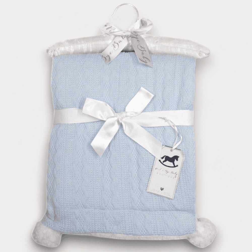 Blue Cable Knit Sherpa Blanket with Pom Poms - ScentiMelti Home Fragrance, Beauty & Gifts UK