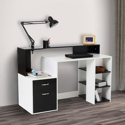 Modern Computer Desk with Drawers and Storage Shelves, Study Workstation, Writing Desk with Printer Stand for Home Office, Black and White - ScentiMelti Home Fragrance, Beauty & Gifts UK