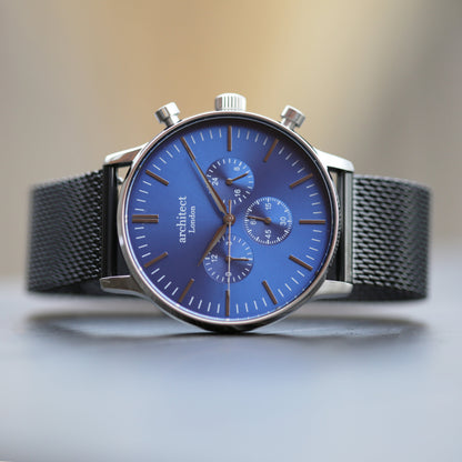 Men's Architect Motivator In Blue With Black Mesh Strap - Modern Font Engraving