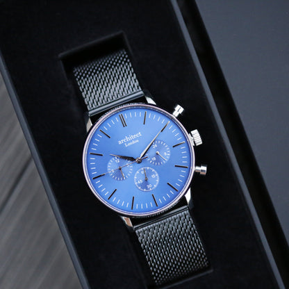 Men's Architect Motivator In Blue With Black Mesh Strap - Modern Font Engraving