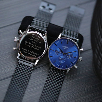 Men's Architect Motivator In Blue With Black Mesh Strap - Modern Font Engraving