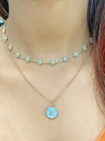 Personalised Initial White Sun Flower Charm Two Layer Pendant Choker Necklace - ScentiMelti Home Fragrance, Beauty & Gifts UK