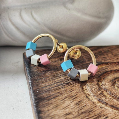 Simple Cute Geometric Cube Golden Circular Cubical Multicolour Stud Earring The Colourful Aura ScentiMelti Wax Melts