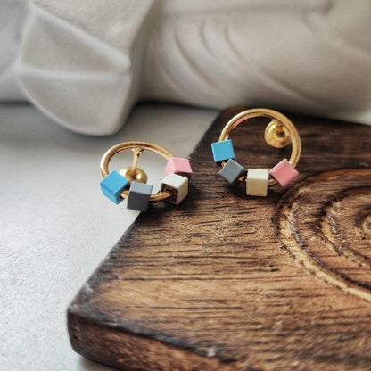 Simple Cute Geometric Cube Golden Circular Cubical Multicolour Stud Earring The Colourful Aura ScentiMelti Wax Melts