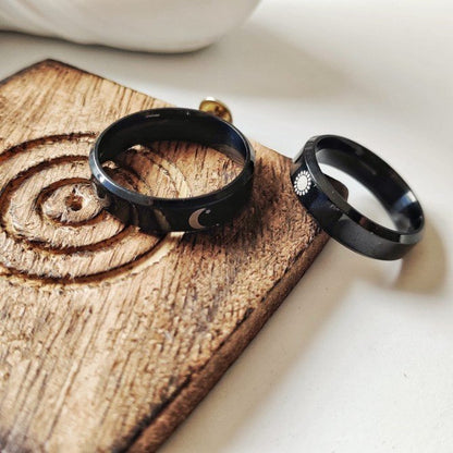 Black Band Matching Couple Moon and Sun Promise Ring set - ScentiMelti Home Fragrance, Beauty & Gifts UK