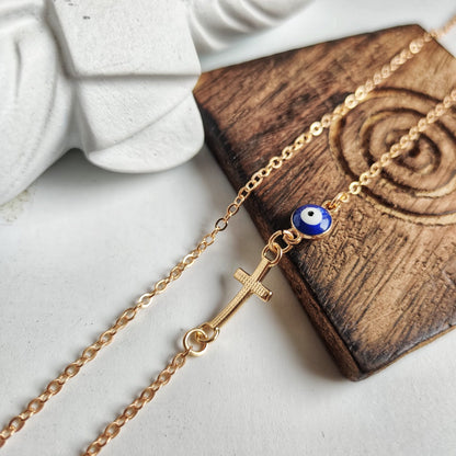 Blue Evil Eye Sideways Cross Christian Charm Minimalist Choker Dainty Necklace - ScentiMelti Home Fragrance, Beauty & Gifts UK