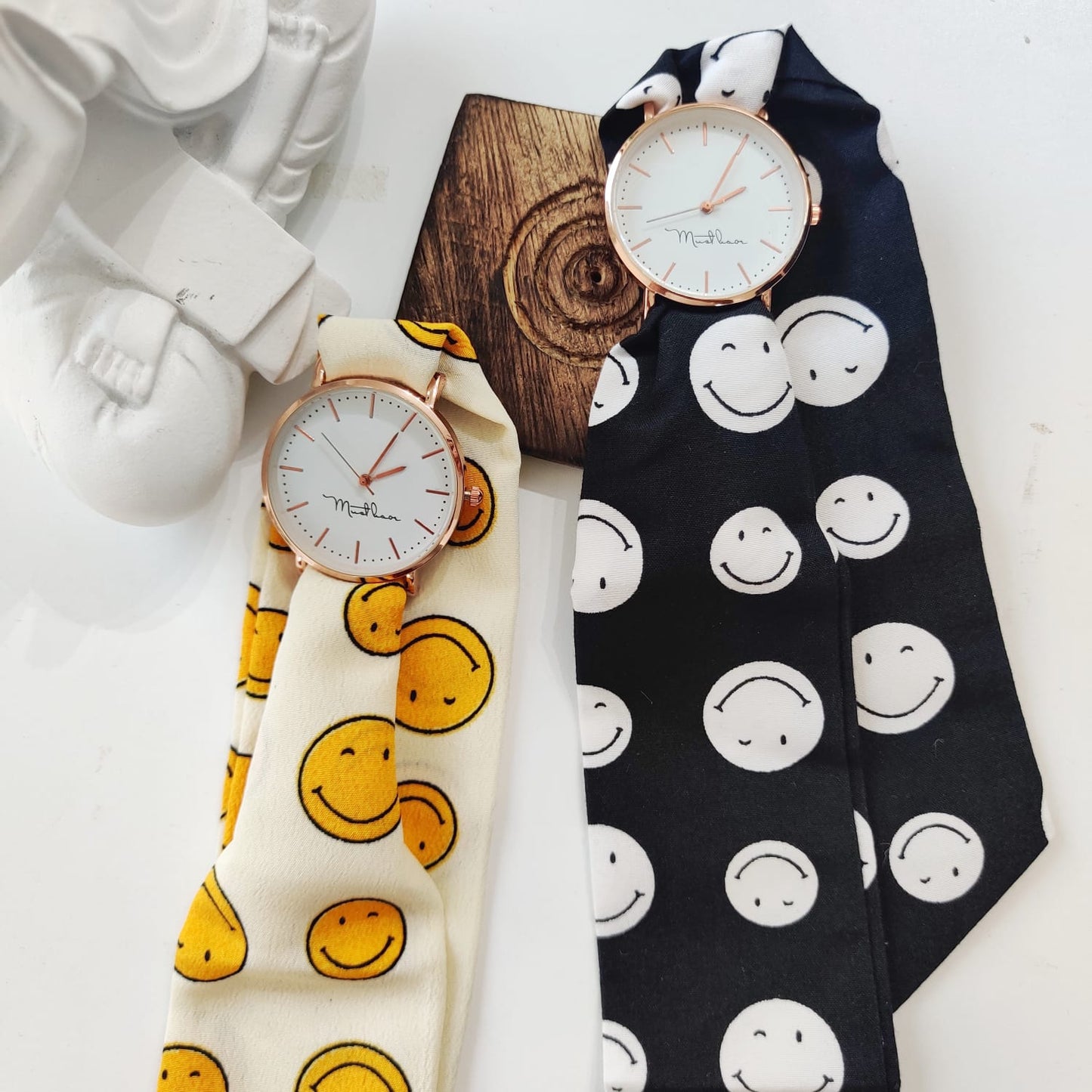 Yellow Smiley Cloth Changeable Cotton Tie Knot Strap Geneva Boho Wristwatch - ScentiMelti Home Fragrance, Beauty & Gifts UK