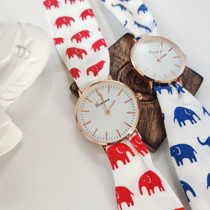 Elephant Print Changeable Fabric Cotton Tie Knot Strap Geneva Women Wristwatch - ScentiMelti Home Fragrance, Beauty & Gifts UK