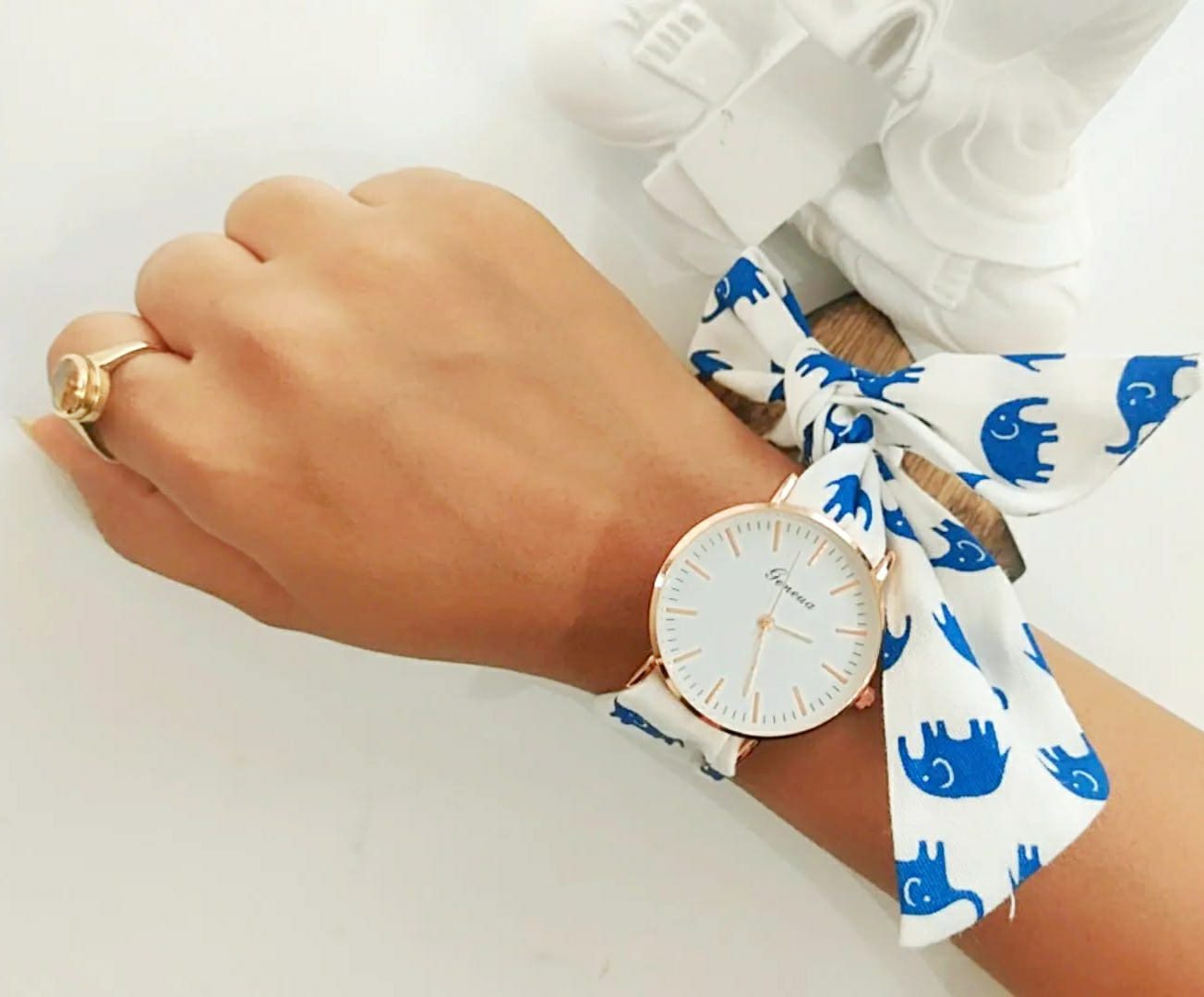 Elephant Print Changeable Fabric Cotton Tie Knot Strap Geneva Women Wristwatch - ScentiMelti Home Fragrance, Beauty & Gifts UK