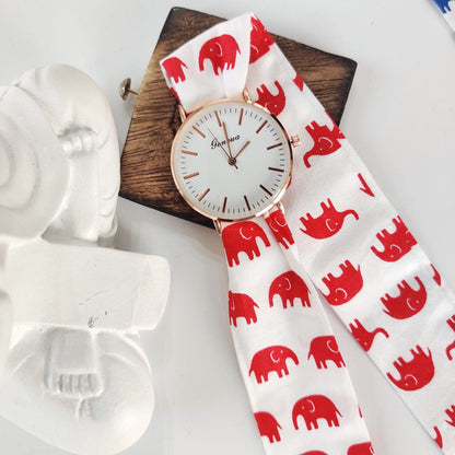 Elephant Print Changeable Fabric Cotton Tie Knot Strap Geneva Women Wristwatch - ScentiMelti Home Fragrance, Beauty & Gifts UK