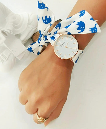 Elephant Print Changeable Fabric Cotton Tie Knot Strap Geneva Women Wristwatch - ScentiMelti Home Fragrance, Beauty & Gifts UK