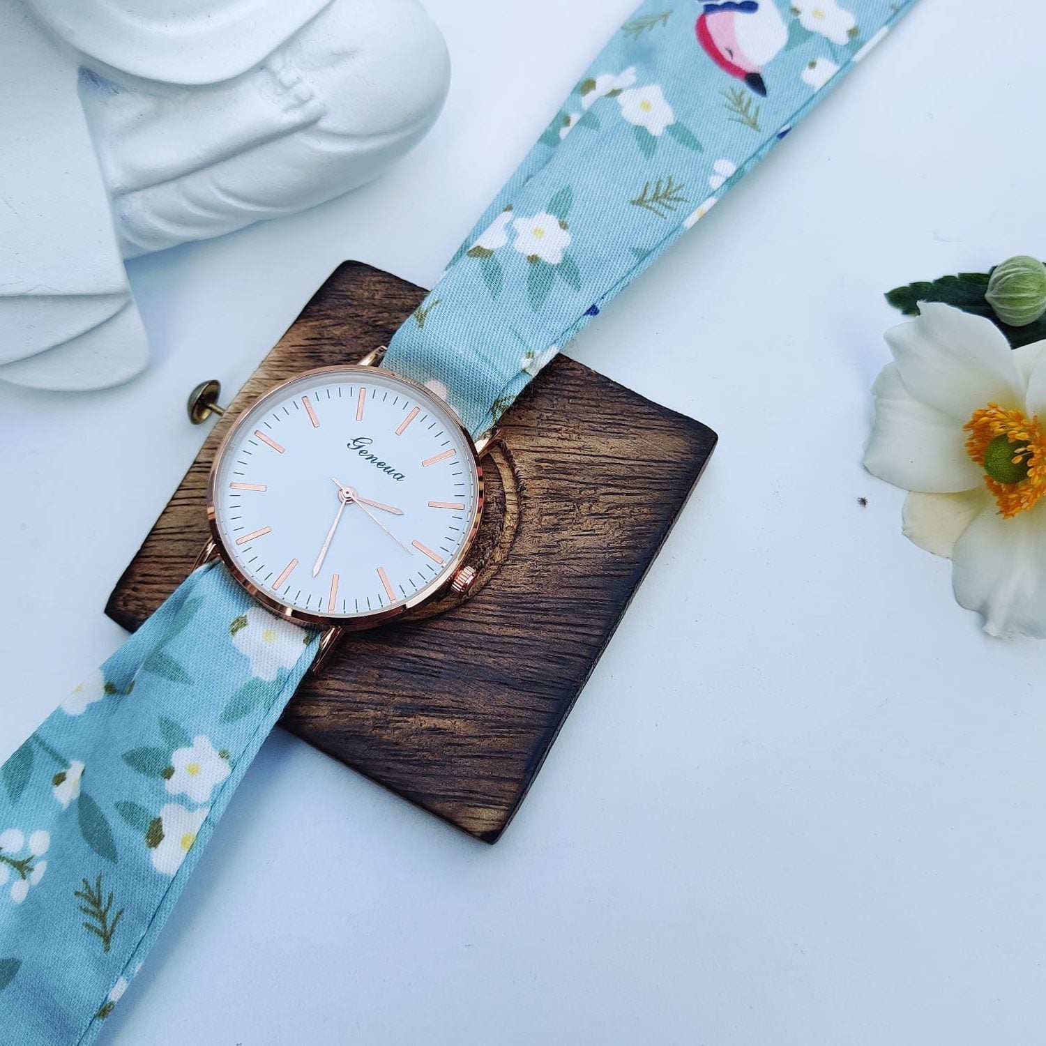 Light Blue Floral Print Changeable Fabric Strap Women Bracelet Wristwatch The Colourful Aura ScentiMelti Wax Melts