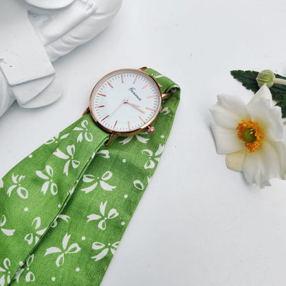 Green Floral Print Changeable Fabric Strap Tie Knot Women Wristwatch The Colourful Aura ScentiMelti Wax Melts