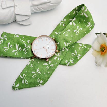 Green Floral Print Changeable Fabric Strap Tie Knot Women Wristwatch The Colourful Aura ScentiMelti Wax Melts