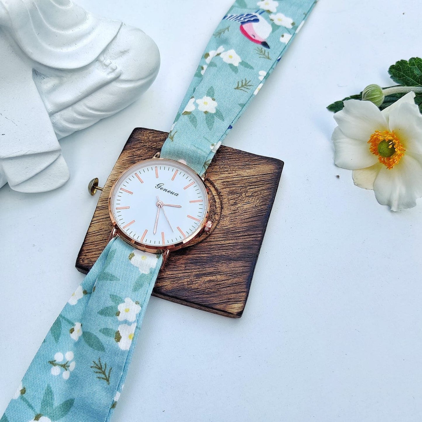 Light Blue Floral Print Changeable Fabric Strap Women Bracelet Wristwatch The Colourful Aura ScentiMelti Wax Melts