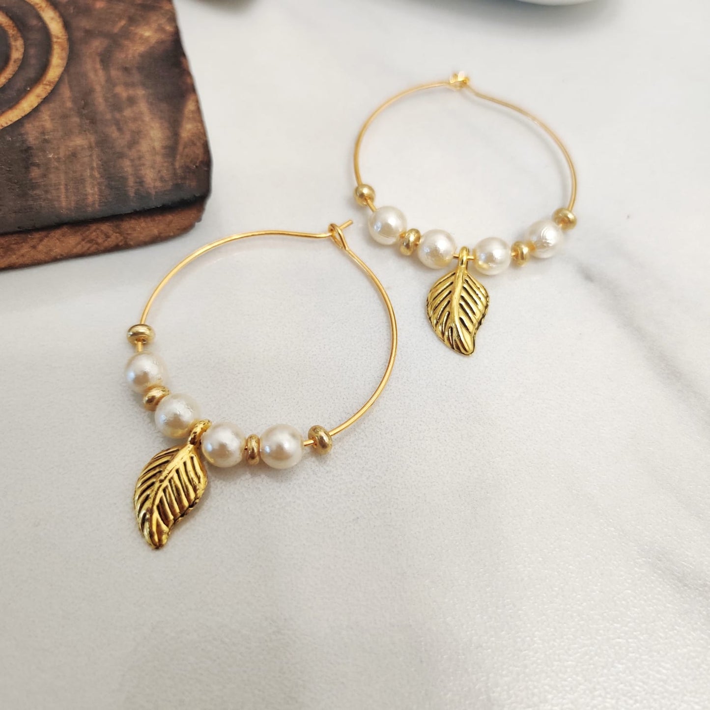 Gold Plated 30mm White Beaded Dangle Leaf Charm Huggie DaintyHoop Earring The Colourful Aura ScentiMelti Wax Melts