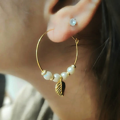 Gold Plated 30mm White Beaded Dangle Leaf Charm Huggie DaintyHoop Earring The Colourful Aura ScentiMelti Wax Melts