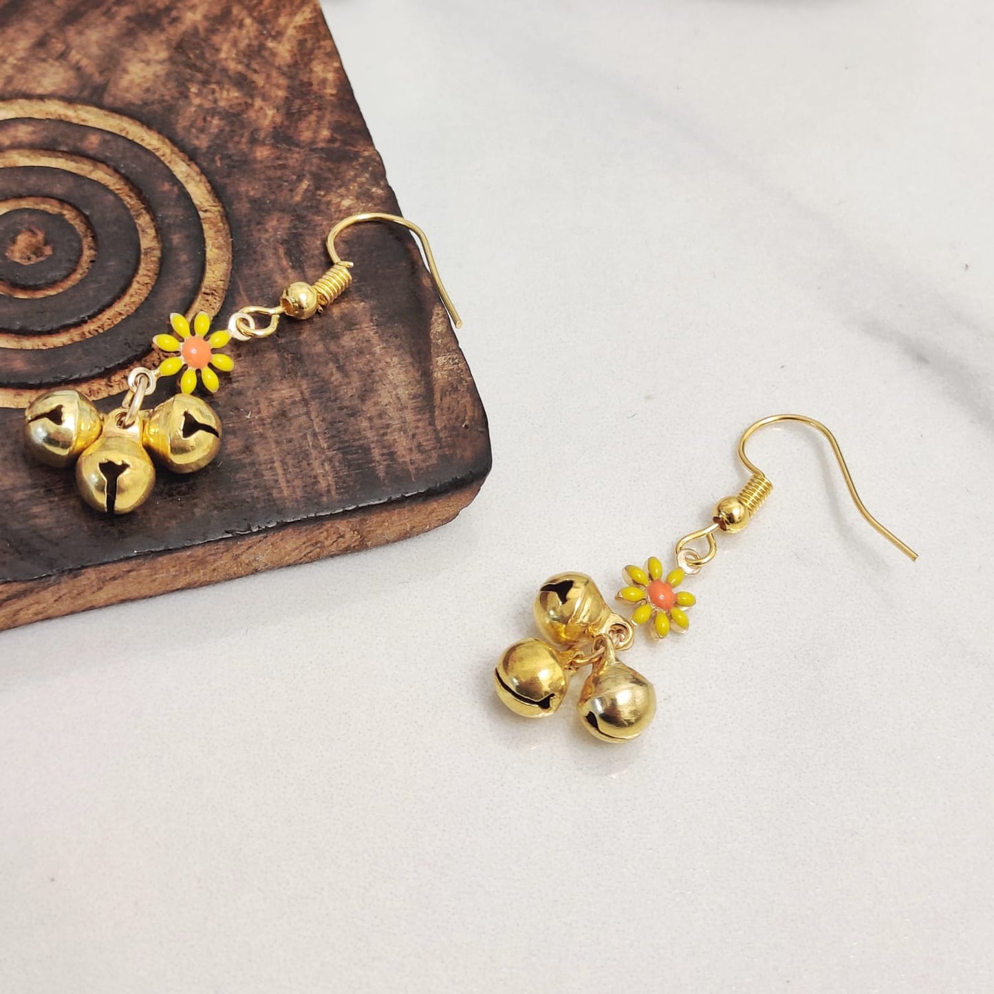 Small Sunflower Flora Ghungroo Charm Dainty Boho Hooks Drop Earrings The Colourful Aura ScentiMelti Wax Melts