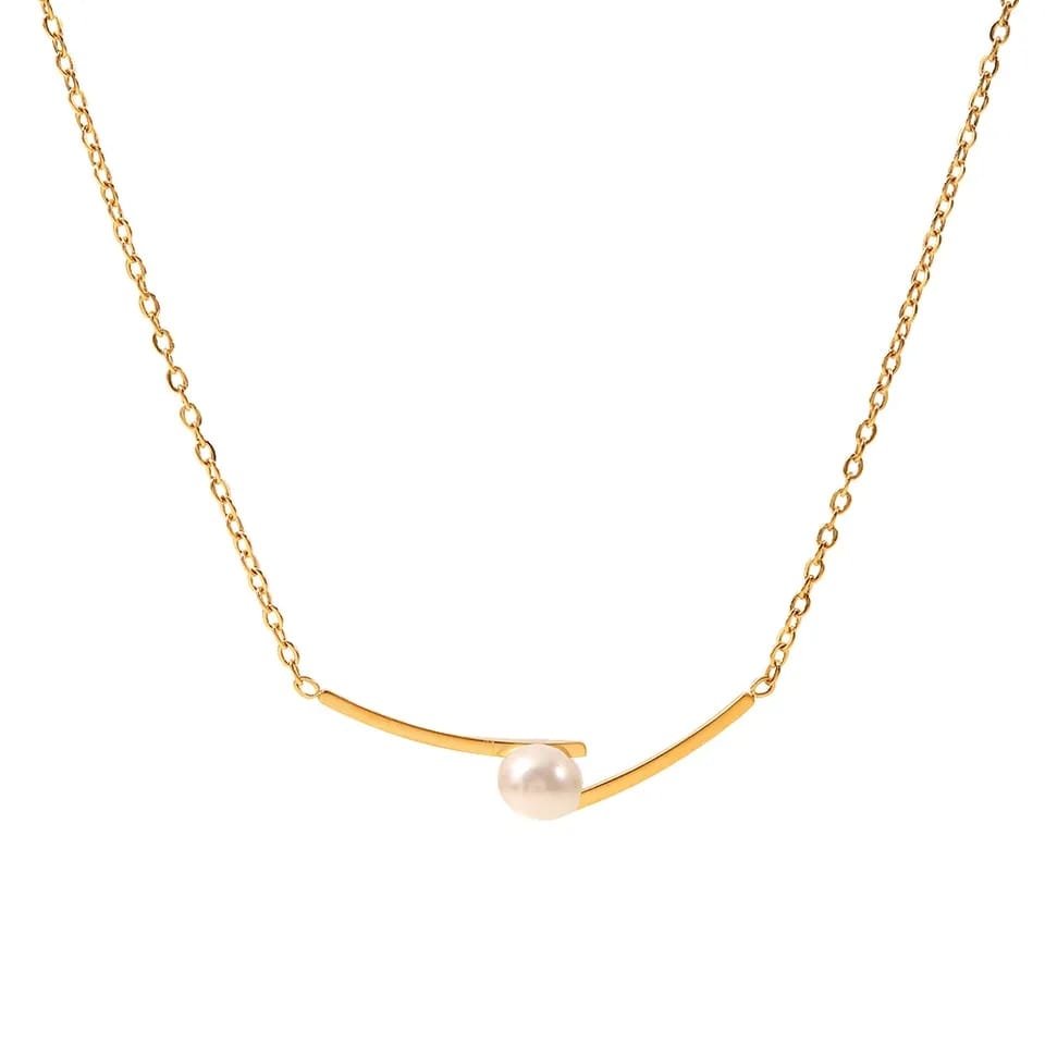 Gold Single White Pearl Inlaid Irregular Shape Minimalist Slim Pendant Necklace - ScentiMelti Home Fragrance, Beauty & Gifts UK