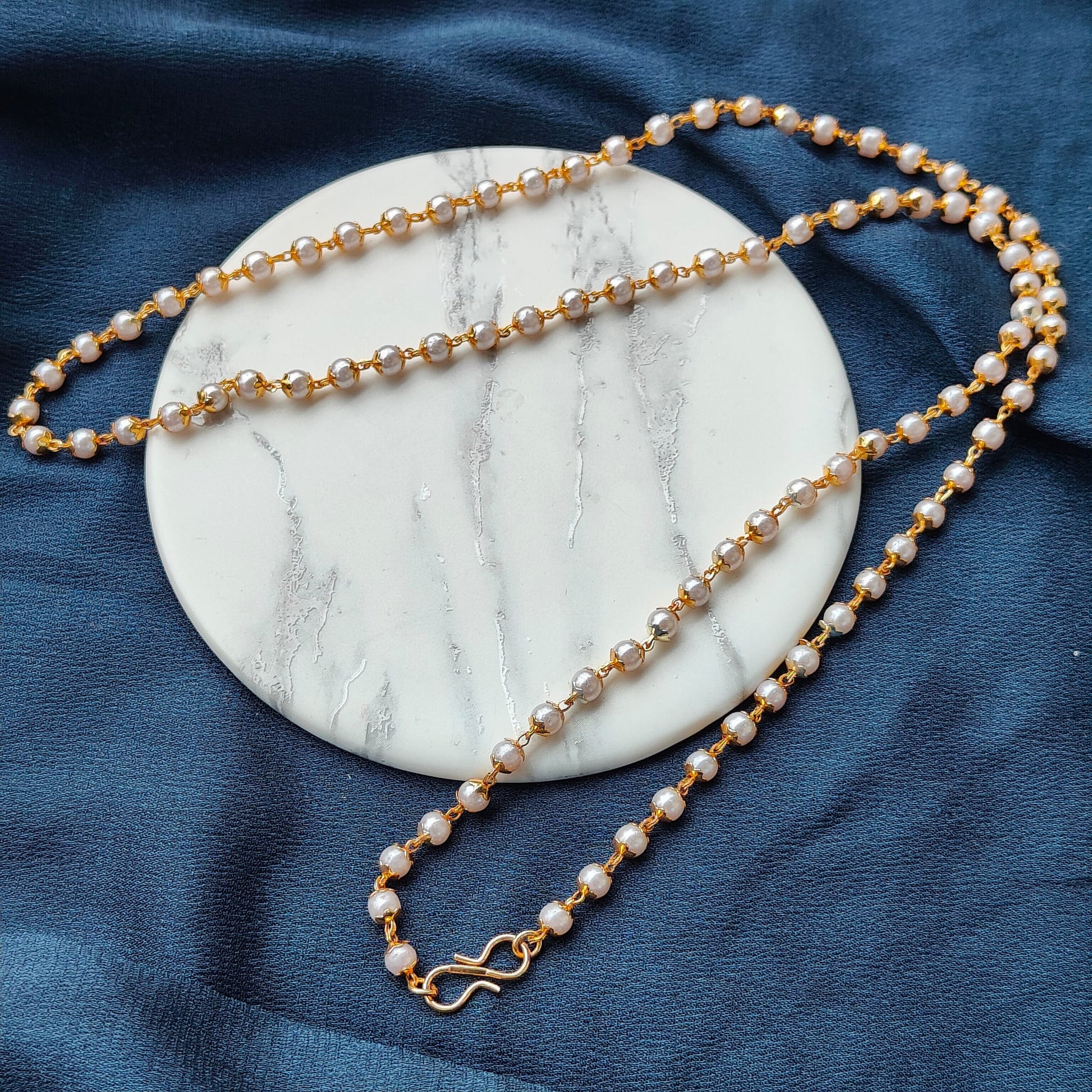 Single Strand Ethnic Beaded Brass Lightweight Unisex White Pearl Mala Necklace - ScentiMelti Home Fragrance, Beauty & Gifts UK