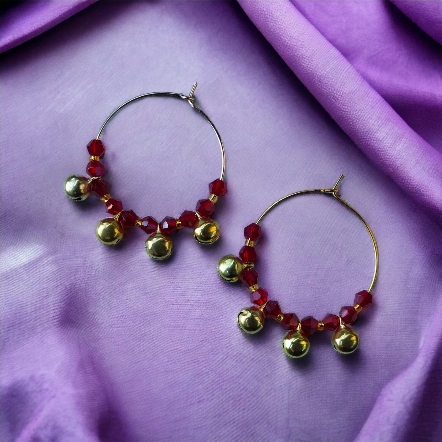 Gold Red Ghungroo 30mm Huggie Multicolour Dainty Boho Summer Hoop Bali Earring The Colourful Aura ScentiMelti Wax Melts