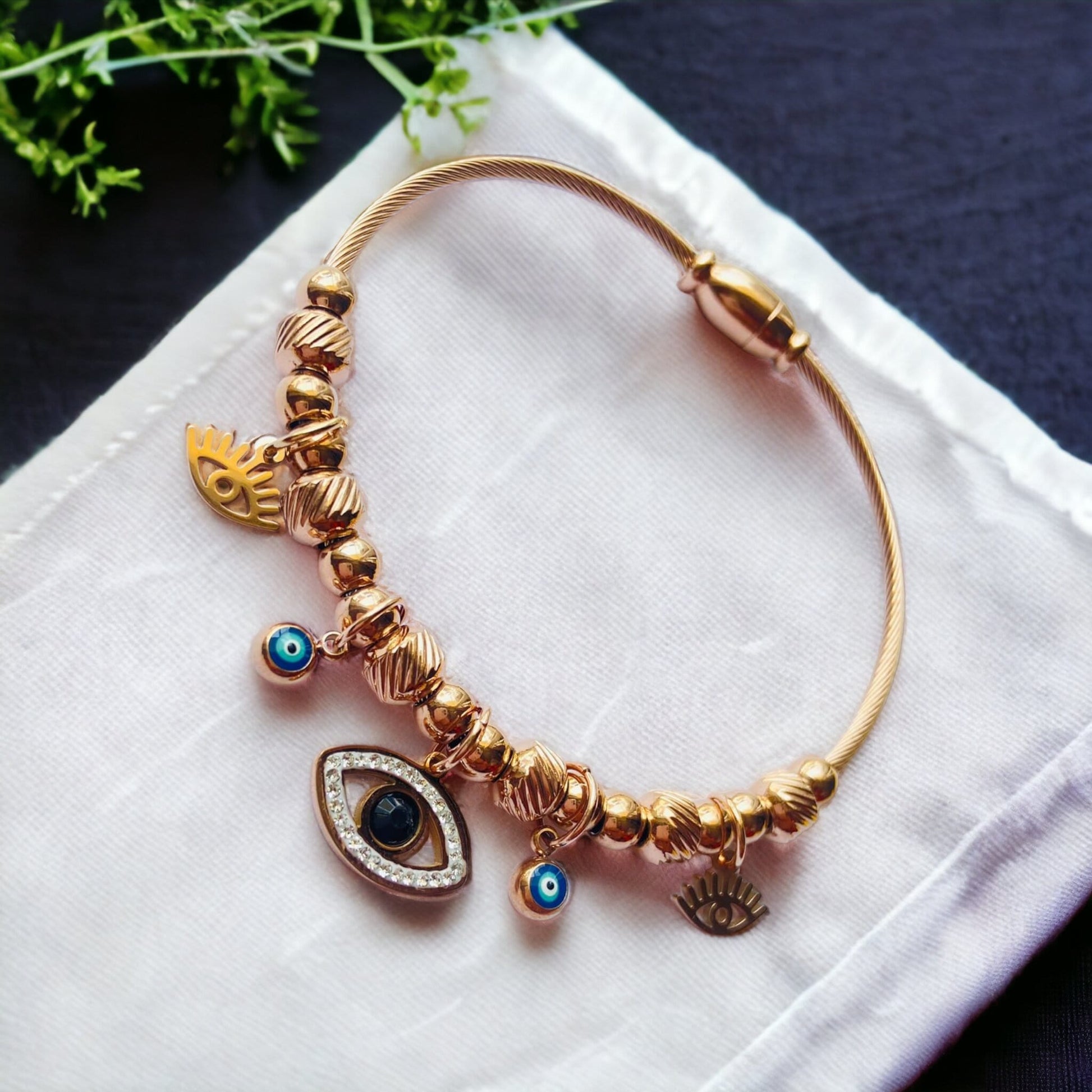 Rose Gold Evil Eye Dangle Charms Protection Dangly Bracelet - ScentiMelti Home Fragrance, Beauty & Gifts UK