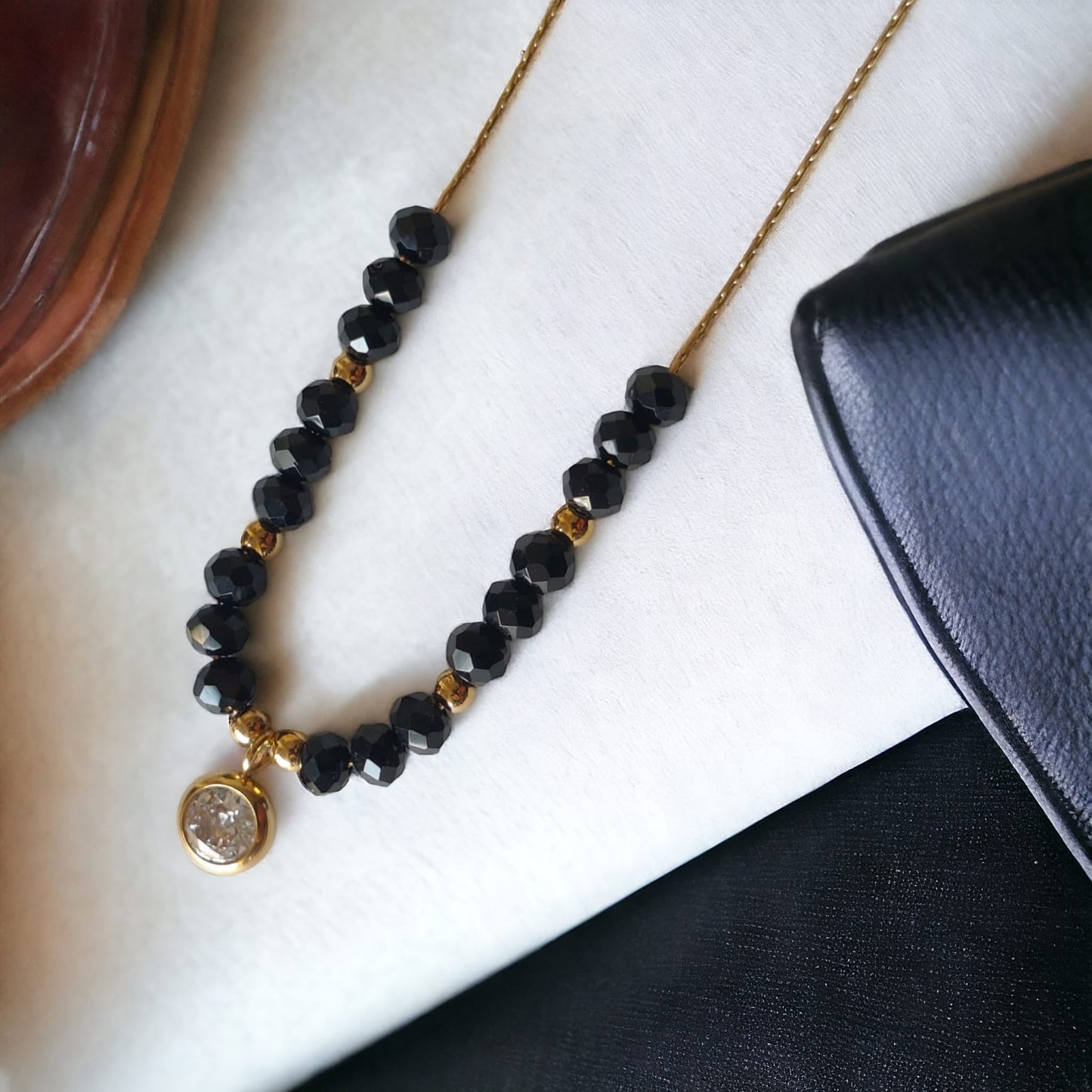 Black Crystal Round Zircon Charm Minimalistic Mangalsutra Necklace - ScentiMelti Home Fragrance, Beauty & Gifts UK