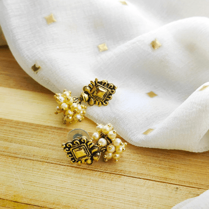 Small Intricate Golden Pearl Poth Indian Boho Dangle Drop Ethnic Jhumkis - ScentiMelti Home Fragrance, Beauty & Gifts UK