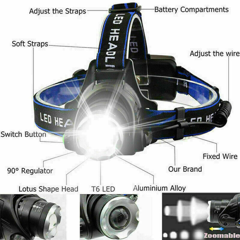 T6 Headlamp Rechargeable 350000LM LED Zoom Headlight Head Torch USB Line New UK - ScentiMelti Home Fragrance, Beauty & Gifts UK