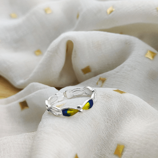 925 Silver Enamel Colourful Floral Band Yellow Blue Slim Ring - ScentiMelti Home Fragrance, Beauty & Gifts UK