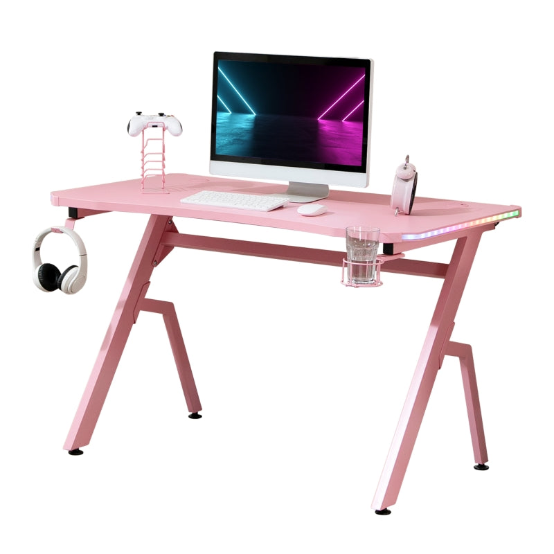 Racing Style LED Gaming Desk Office Desk Computer Table RGB Carbon Fibre Surface Headphone Hook Cup Holder Controller Rack Pink - ScentiMelti Home Fragrance, Beauty & Gifts UK