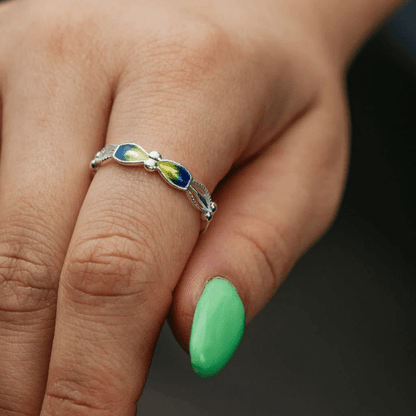 925 Silver Enamel Colourful Floral Band Yellow Blue Slim Ring - ScentiMelti Home Fragrance, Beauty & Gifts UK