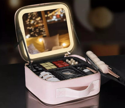 Makeup Bag With LED Light Mirror PU Makeup Case Cosmetic Box Black & Pink