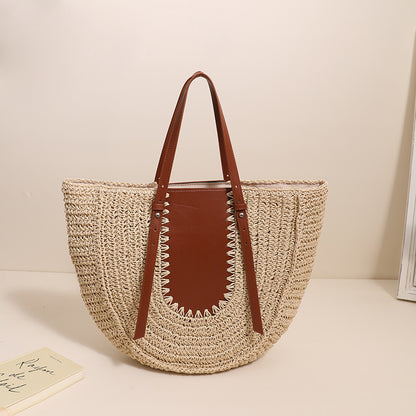 Valerie Semicircle Large Capacity French Style Shoulder Straw Holiday Vacation Bag | 2 Colours