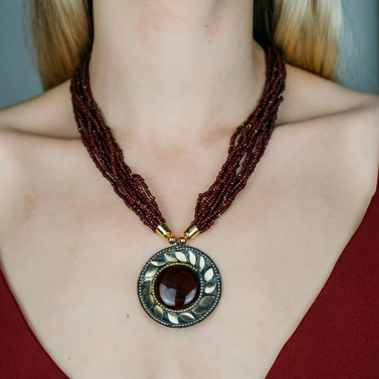 Maroon Multistrand Pearl Large Enamel Round Layered Statement Pendant Necklace - ScentiMelti Home Fragrance, Beauty & Gifts UK