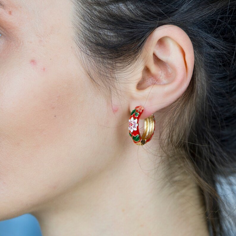 Large Enamel Huggie Multicolour Rainbow Dainty Floral Hoop Earrings The Colourful Aura ScentiMelti Wax Melts