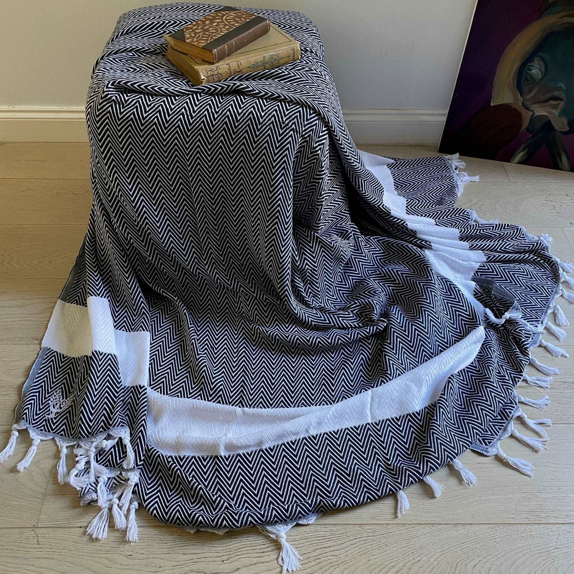 Chevron Organic Cotton Handloomed Throw - Navy Wildash London ScentiMelti Wax Melts