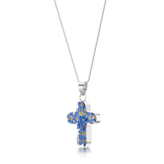 Cross necklace by Shrieking Violet® Sterling silver pendant with real forget-me-nots. - ScentiMelti Home Fragrance, Beauty & Gifts UK