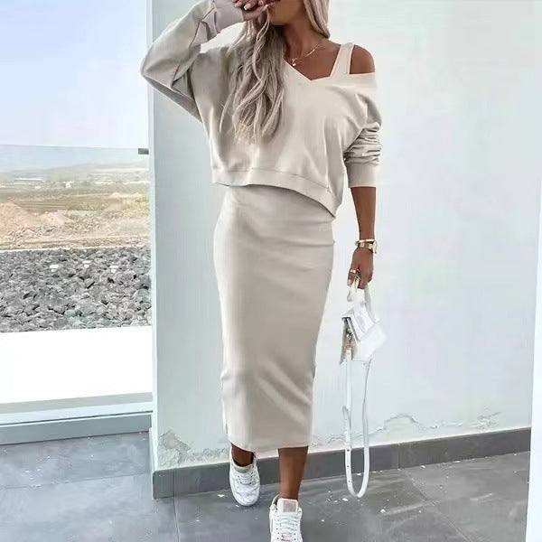 V-neck Strap Vest Hight Waisted Midi Skirt Sweatshirt Two Piece Set