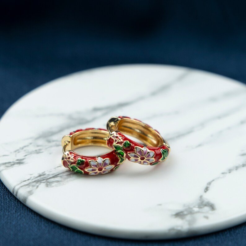 Gold Plated Large Red Floral Multicolour Dainty Enamel Huggie Hoop Earrings The Colourful Aura ScentiMelti Wax Melts