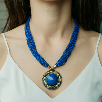 Blue Multistrand Large Enamel Round Locket Statement Pearl Pendant Necklace - ScentiMelti Home Fragrance, Beauty & Gifts UK