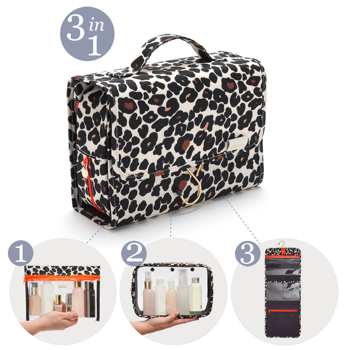 'Emma' 3 in 1 Hanging Wash Bag in Leopard Tan - ScentiMelti Home Fragrance, Beauty & Gifts UK