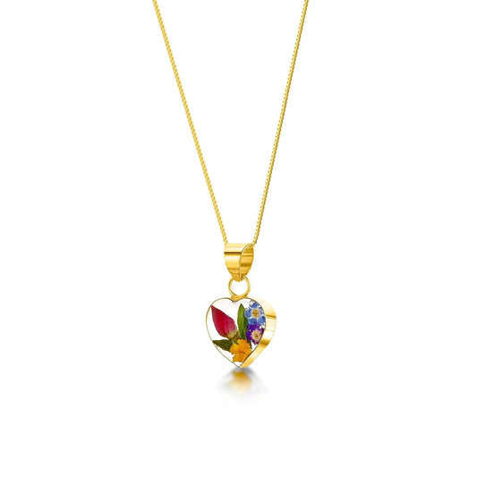 Gold-plated sterling silver small heart pendant necklace with real flowers.